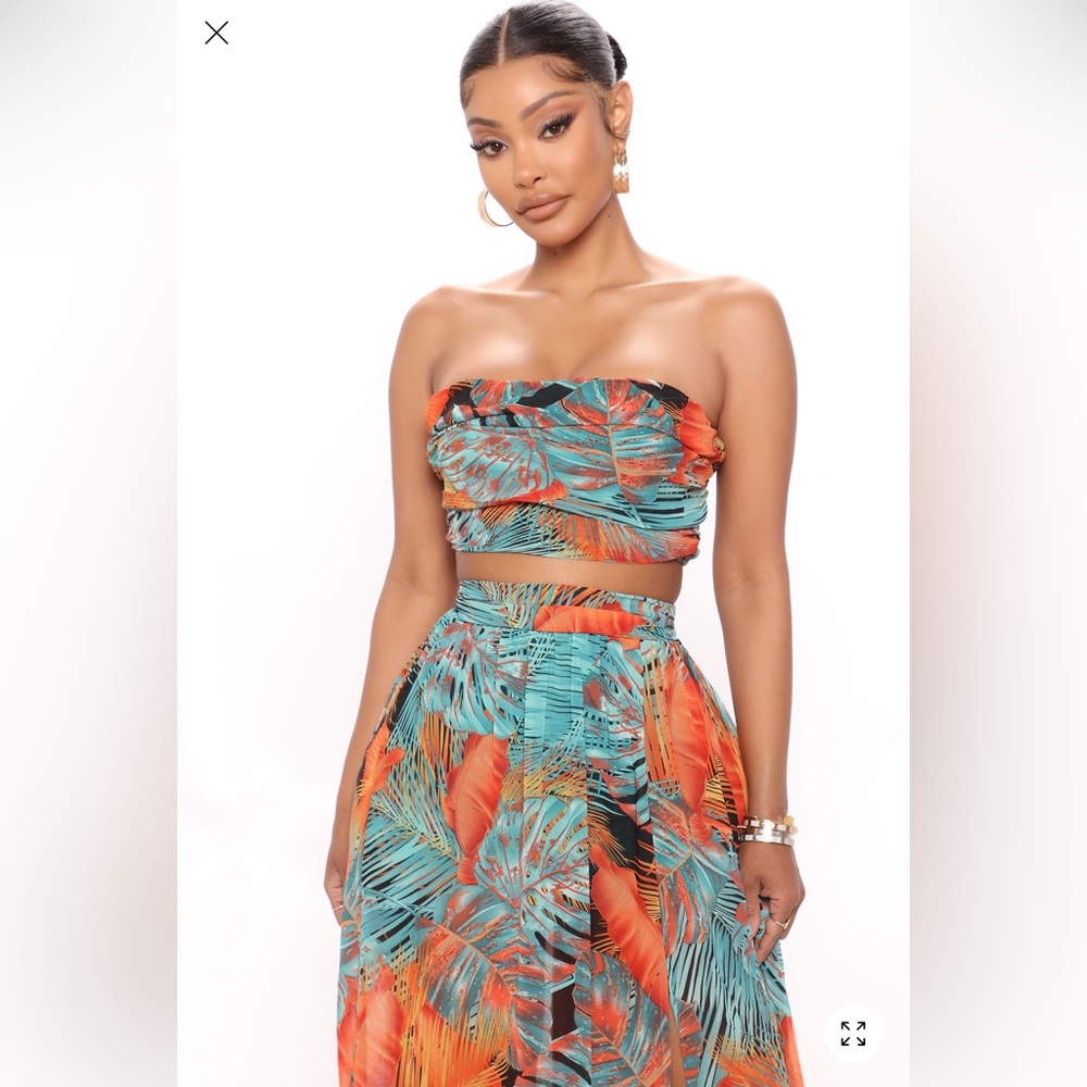 Tropical Print Maxi Skirt - Orange & Teal